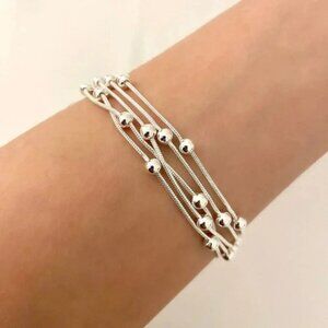 925 Sterling Silver Multi Layer Bead Bracelet Minimalist Stacking Bracelet